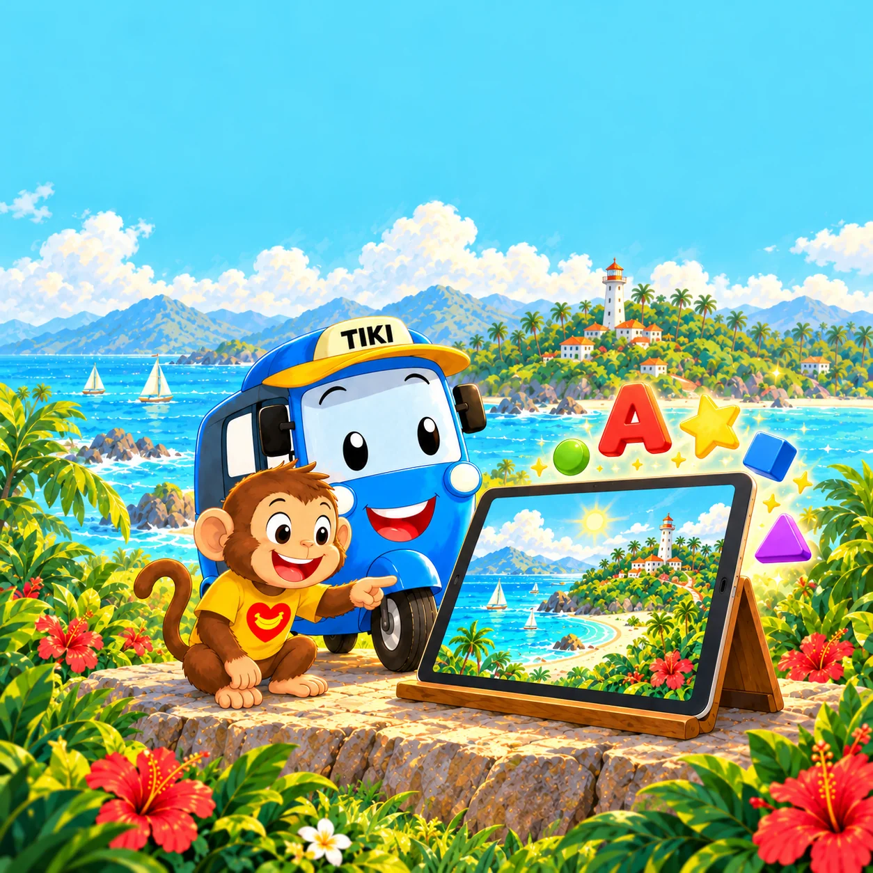 Tiki and Milo beside a tablet in their illustrated island world
