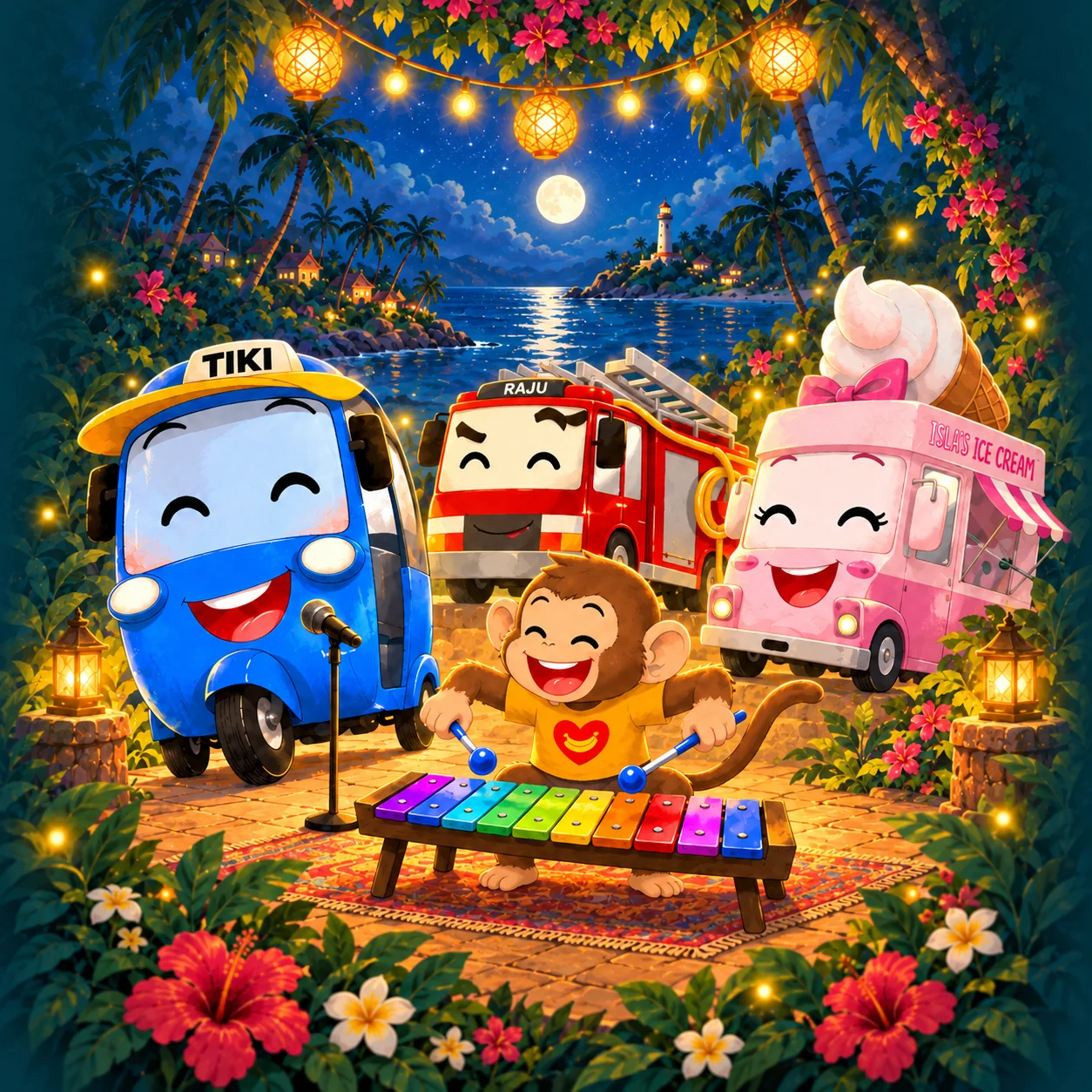 Tiki and friends playing music under lanterns